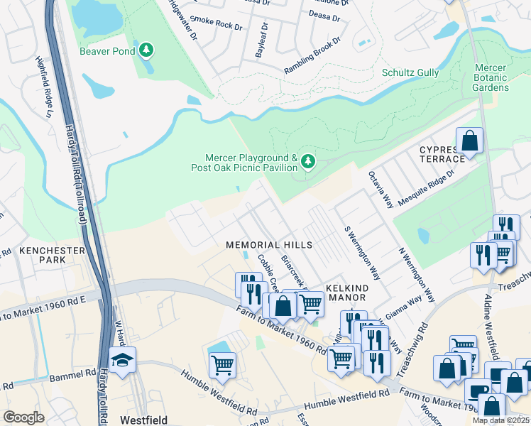 map of restaurants, bars, coffee shops, grocery stores, and more near 21507 Old Ranch Road in Houston