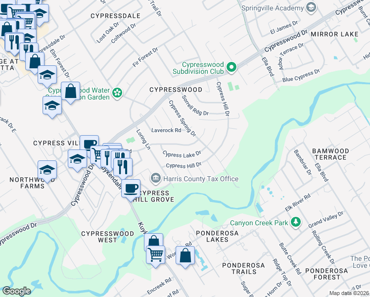 map of restaurants, bars, coffee shops, grocery stores, and more near 4030 Oxhill Road in Spring