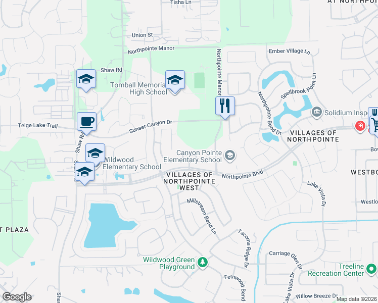 map of restaurants, bars, coffee shops, grocery stores, and more near 13110 Royal Bend Lane in Tomball