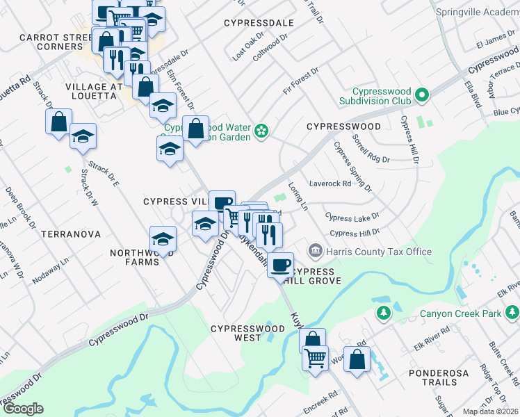 map of restaurants, bars, coffee shops, grocery stores, and more near 4310 Cypresswood Drive in Spring