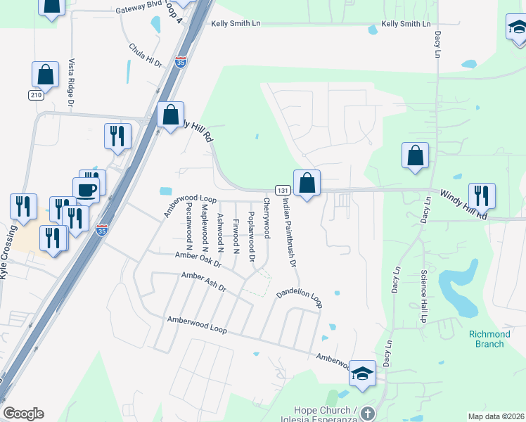 map of restaurants, bars, coffee shops, grocery stores, and more near 1130 Cherrywood in Kyle