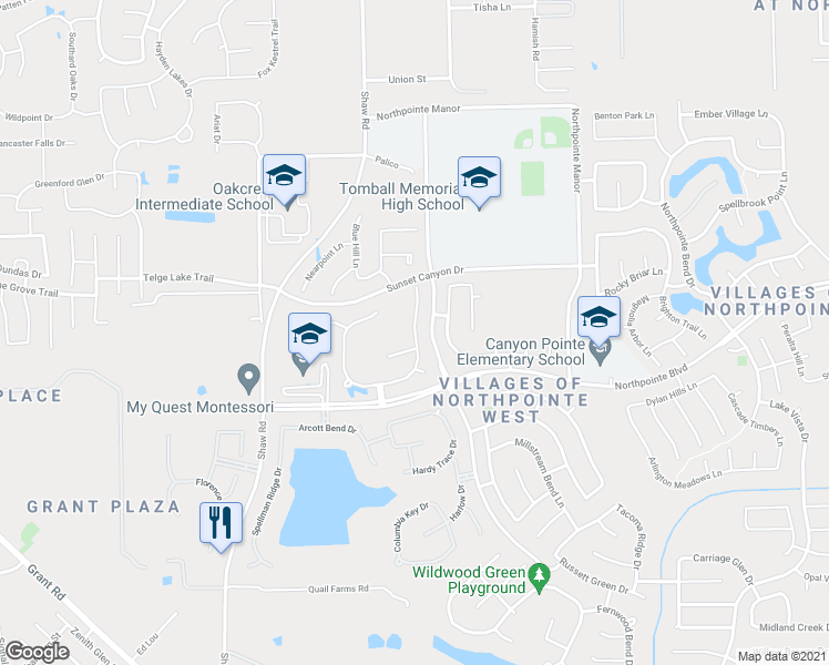 map of restaurants, bars, coffee shops, grocery stores, and more near Winding Atwood Lane in Harris County