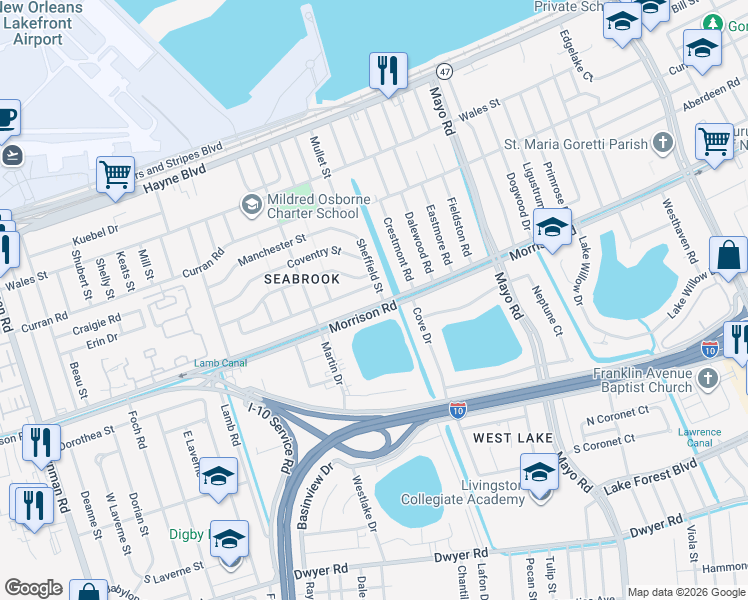 map of restaurants, bars, coffee shops, grocery stores, and more near 7021 Bamberry Street in New Orleans