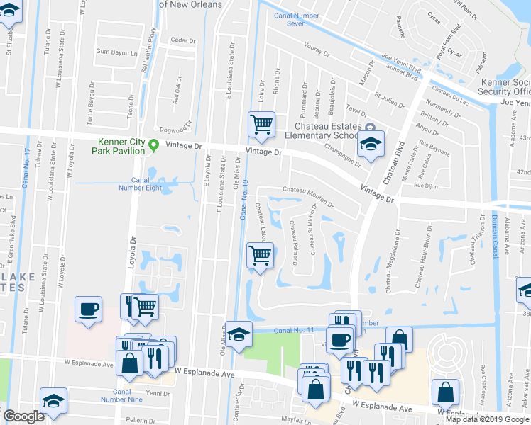 map of restaurants, bars, coffee shops, grocery stores, and more near 178 Chateau Latour Drive in Kenner