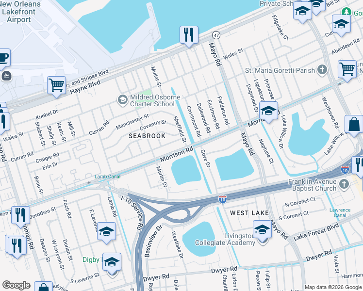 map of restaurants, bars, coffee shops, grocery stores, and more near 7021 Bamberry Street in New Orleans