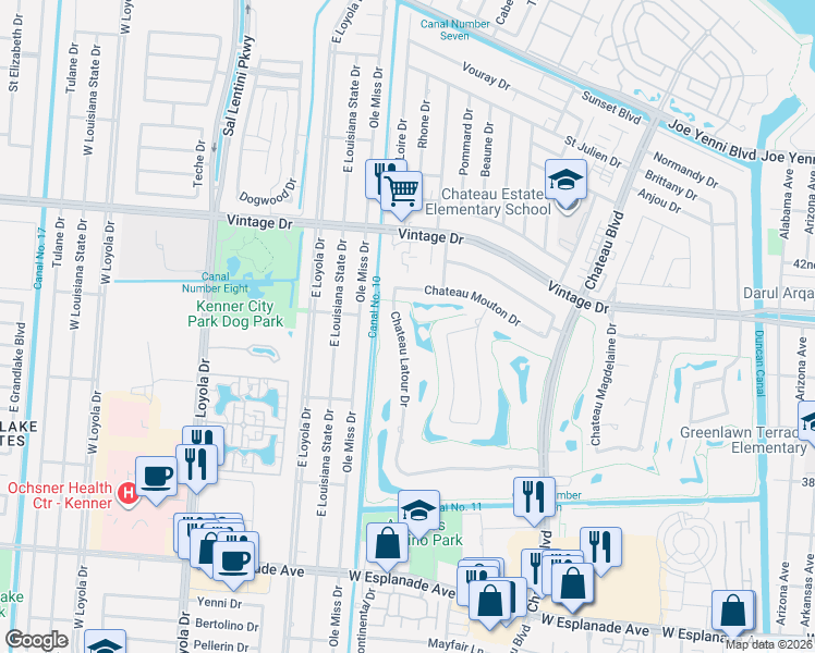 map of restaurants, bars, coffee shops, grocery stores, and more near 178 Chateau Latour Drive in Kenner