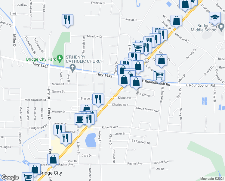 map of restaurants, bars, coffee shops, grocery stores, and more near 200 West Roundbunch Road in Bridge City