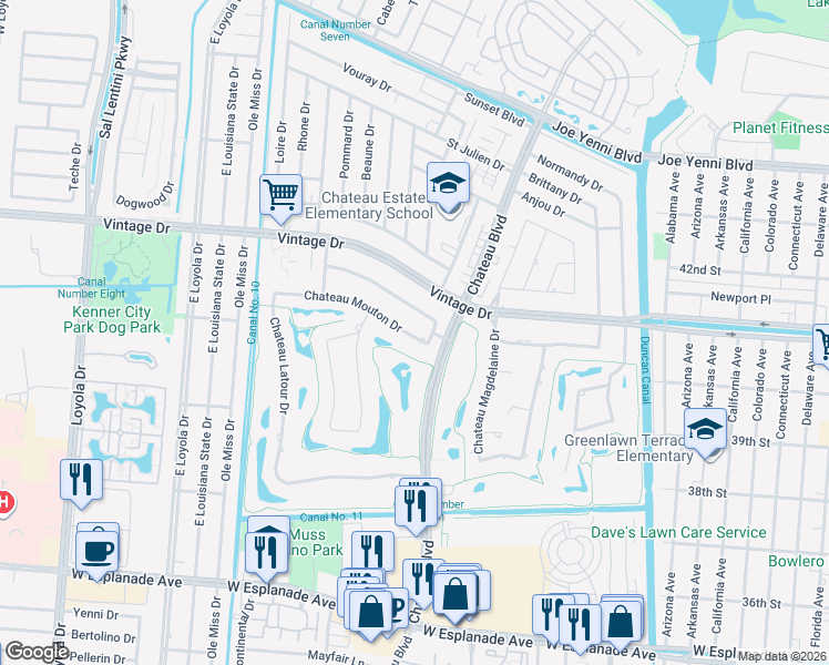 map of restaurants, bars, coffee shops, grocery stores, and more near 34 Chateau Mouton Drive in Kenner