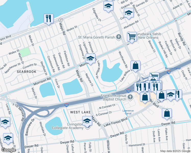 map of restaurants, bars, coffee shops, grocery stores, and more near 7060 Lake Willow Drive in New Orleans