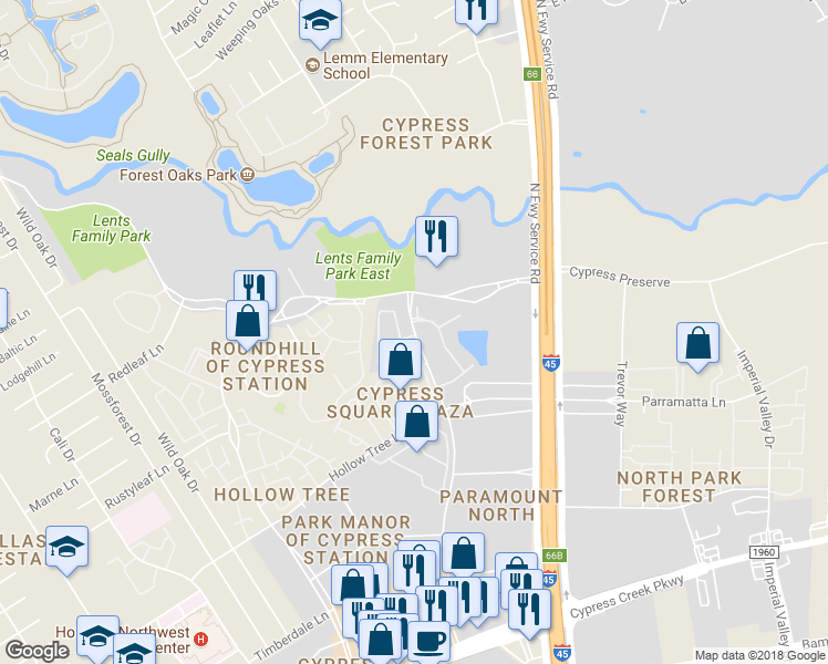 map of restaurants, bars, coffee shops, grocery stores, and more near 18301 Westfield Place Drive in Houston