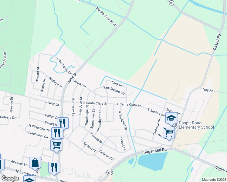 map of restaurants, bars, coffee shops, grocery stores, and more near 611 San Jacinto Circle in New Iberia