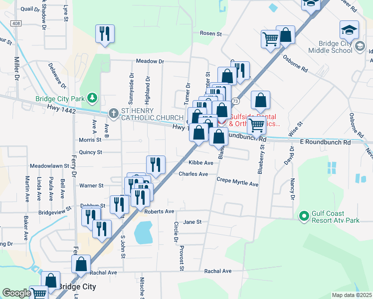 map of restaurants, bars, coffee shops, grocery stores, and more near 200 West Round Bunch Road in Bridge City