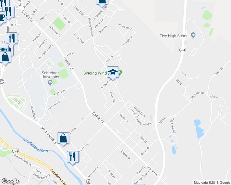map of restaurants, bars, coffee shops, grocery stores, and more near 2310 Sailing Way in Kerrville