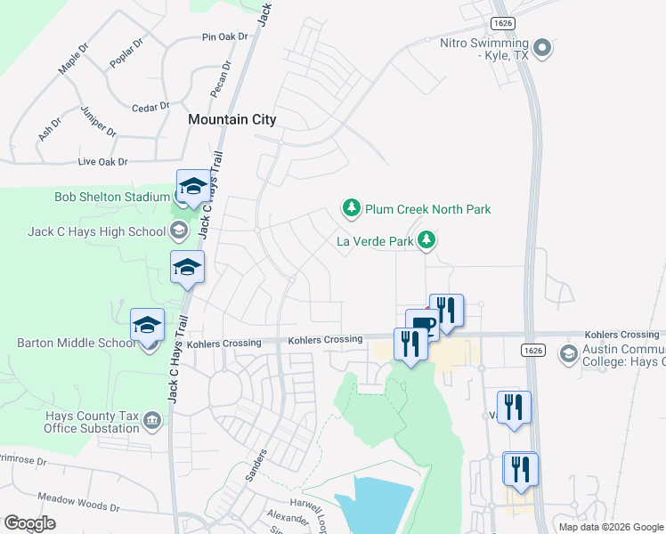 map of restaurants, bars, coffee shops, grocery stores, and more near 231 Madrid in Kyle