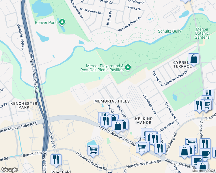 map of restaurants, bars, coffee shops, grocery stores, and more near 21507 Old Ranch Road in Houston