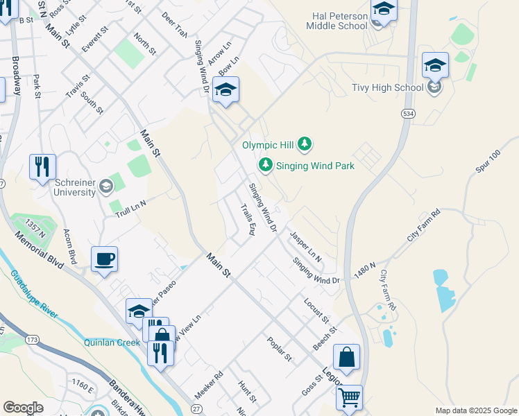 map of restaurants, bars, coffee shops, grocery stores, and more near 2306D Sailing Way in Kerrville