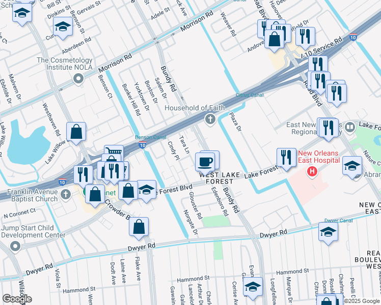 map of restaurants, bars, coffee shops, grocery stores, and more near 6801 Tara Lane in New Orleans