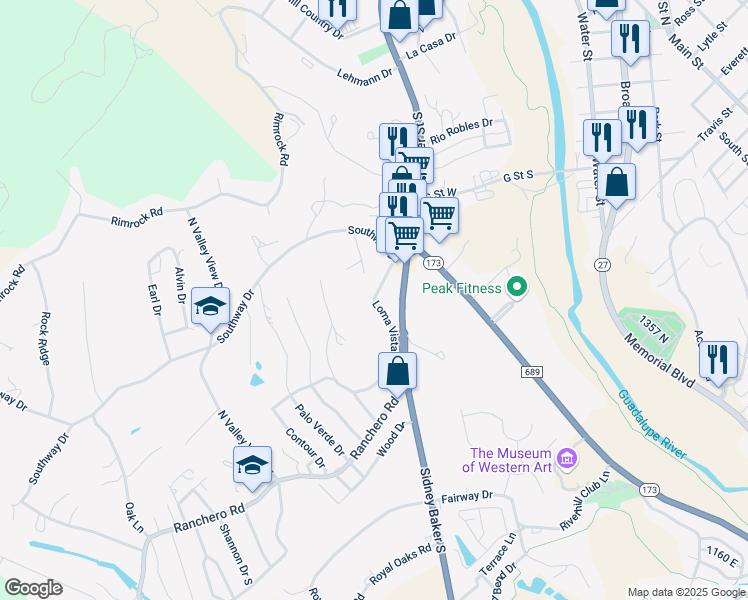 map of restaurants, bars, coffee shops, grocery stores, and more near 119 Loma Vista Drive in Kerrville