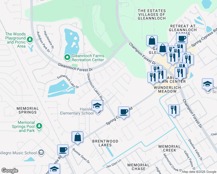 map of restaurants, bars, coffee shops, grocery stores, and more near 1122 Bringewood Chase Drive in Spring
