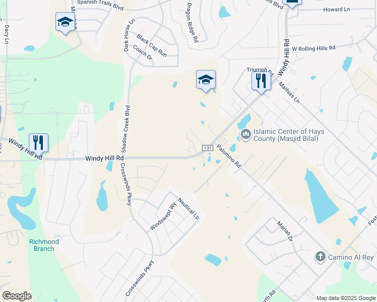map of restaurants, bars, coffee shops, grocery stores, and more near 2151 Windy Hill Road in Kyle