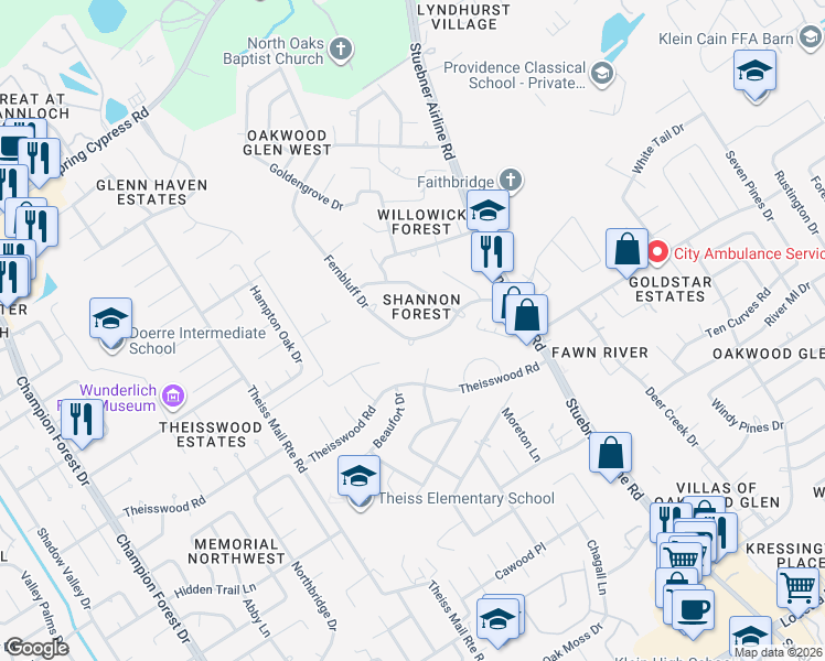 map of restaurants, bars, coffee shops, grocery stores, and more near 7527 Easybrook Lane in Spring