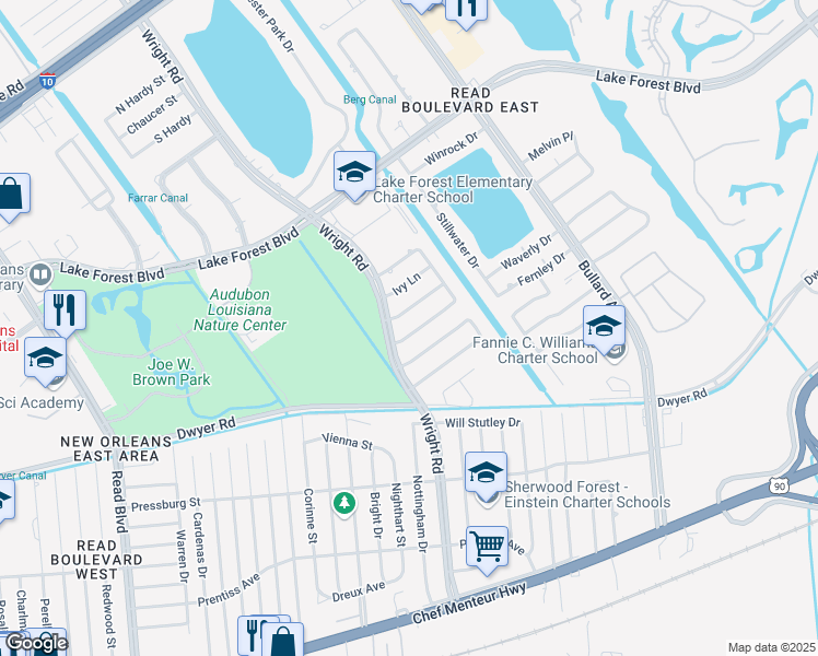 map of restaurants, bars, coffee shops, grocery stores, and more near 11131 South Idlewood Court in New Orleans
