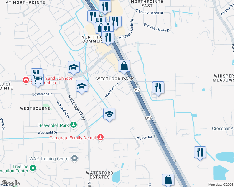 map of restaurants, bars, coffee shops, grocery stores, and more near 18138 Westlock Court in Tomball