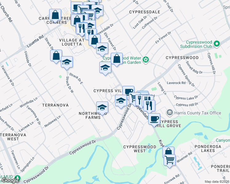map of restaurants, bars, coffee shops, grocery stores, and more near 17835 Kuykendahl Road in Spring