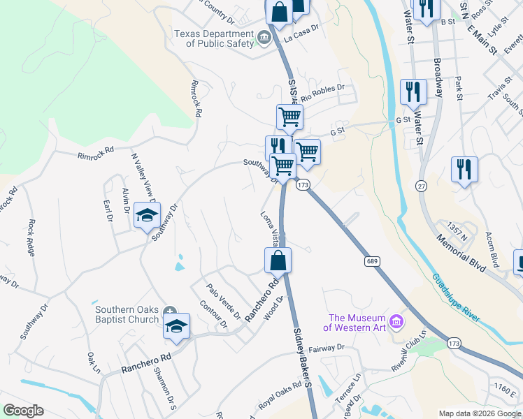 map of restaurants, bars, coffee shops, grocery stores, and more near 105 Loma Vista Drive in Kerrville