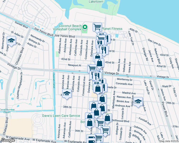 map of restaurants, bars, coffee shops, grocery stores, and more near 4101 Delaware Avenue in Kenner