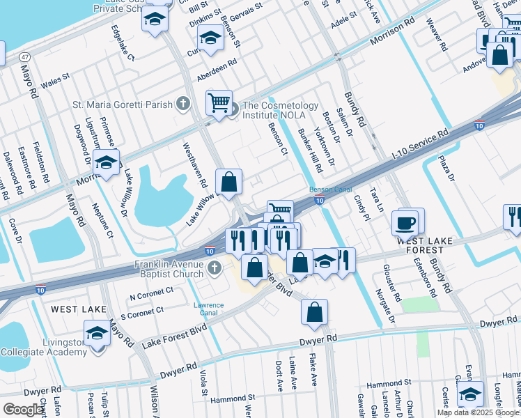 map of restaurants, bars, coffee shops, grocery stores, and more near 3 Cedar Lane in New Orleans
