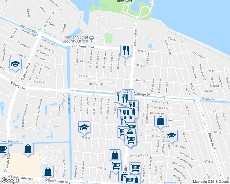 map of restaurants, bars, coffee shops, grocery stores, and more near 4112 Delaware Avenue in Kenner