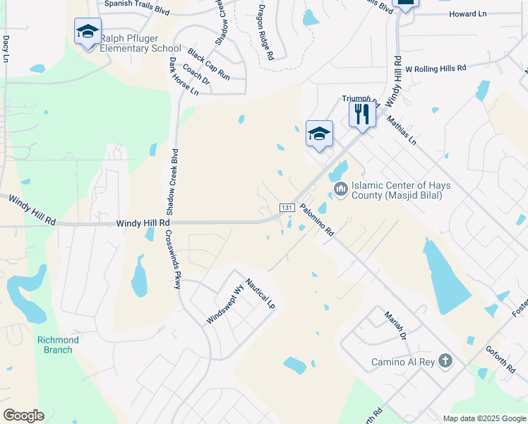 map of restaurants, bars, coffee shops, grocery stores, and more near 2151 Windy Hill Road in Kyle
