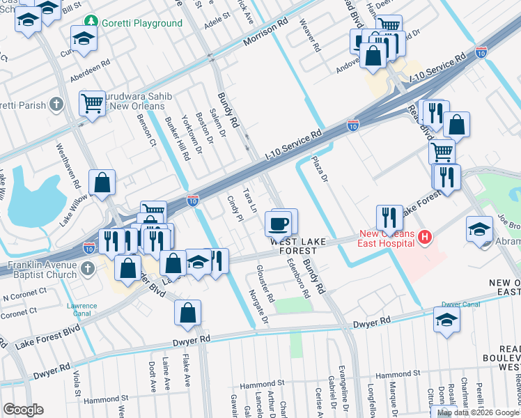 map of restaurants, bars, coffee shops, grocery stores, and more near 6816 Bundy Road in New Orleans