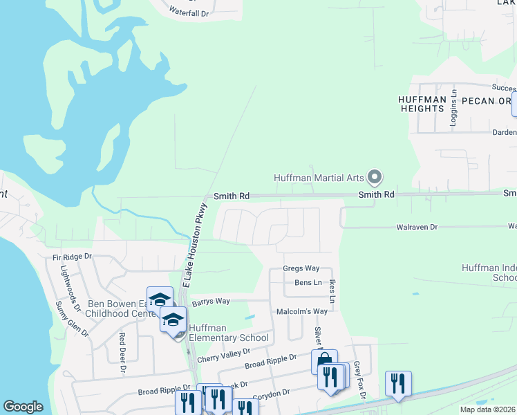 map of restaurants, bars, coffee shops, grocery stores, and more near 706 Crocale Patch Drive in Huffman