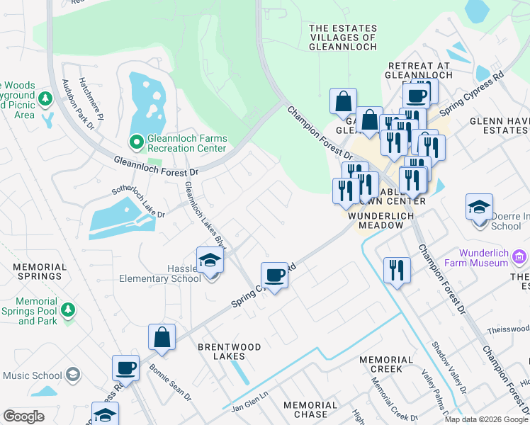 map of restaurants, bars, coffee shops, grocery stores, and more near 1106 Compass Cove Circle in Spring
