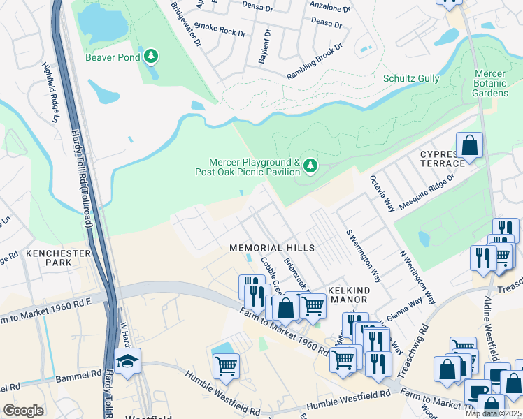 map of restaurants, bars, coffee shops, grocery stores, and more near 21507 Old Ranch Rd in Houston