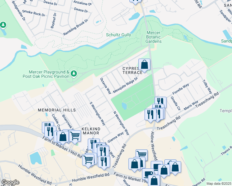 map of restaurants, bars, coffee shops, grocery stores, and more near 21803 Yucca Tip Lane in Houston