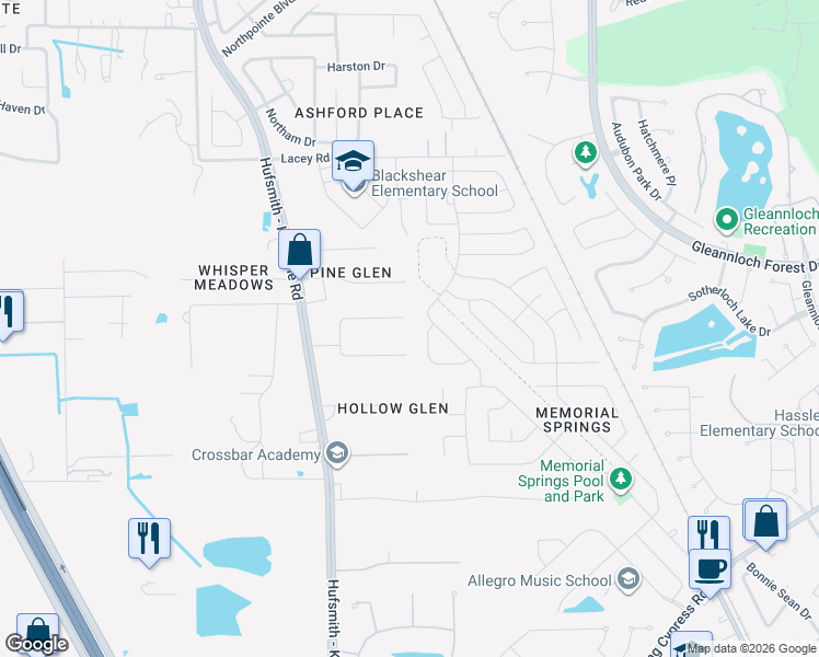 map of restaurants, bars, coffee shops, grocery stores, and more near 10 Maple Glen Drive in Tomball