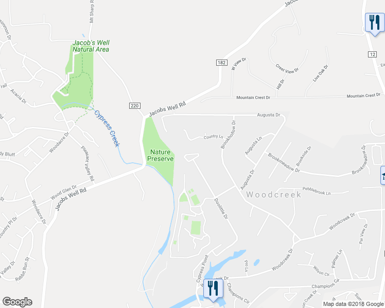 map of restaurants, bars, coffee shops, grocery stores, and more near Wildwood Circle in Wimberley