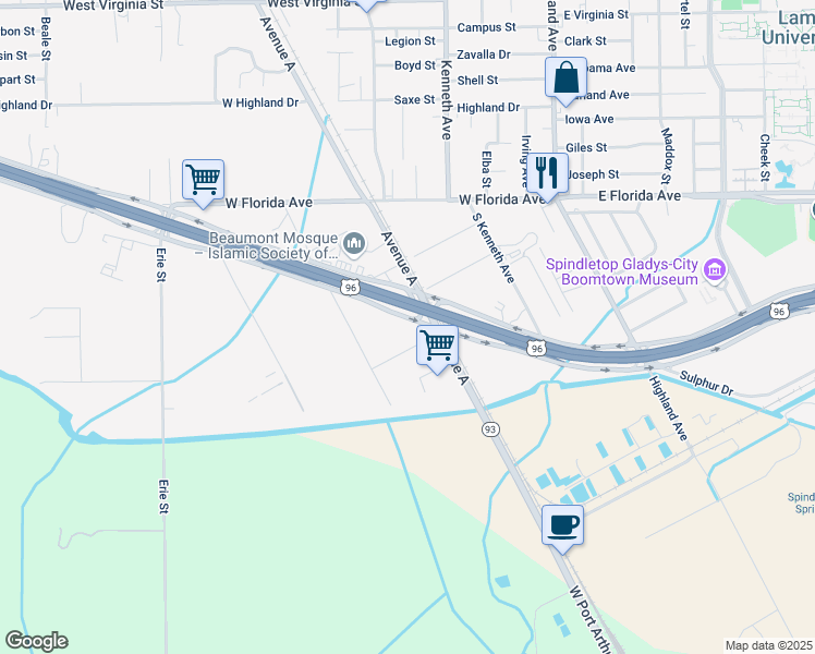 map of restaurants, bars, coffee shops, grocery stores, and more near 1261 West Cardinal Drive in Beaumont