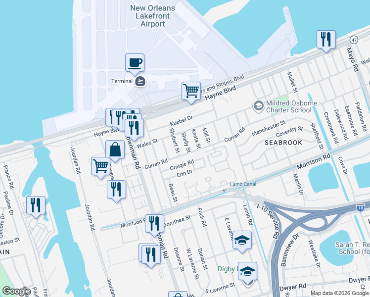 map of restaurants, bars, coffee shops, grocery stores, and more near 7811 Shubert Street in New Orleans
