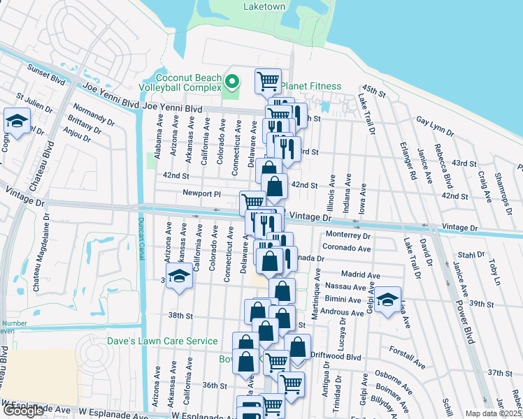 map of restaurants, bars, coffee shops, grocery stores, and more near 4112 Delaware Avenue in Kenner