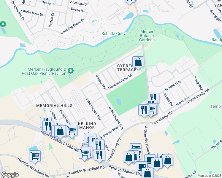 map of restaurants, bars, coffee shops, grocery stores, and more near 21803 Yucca Tip Lane in Houston