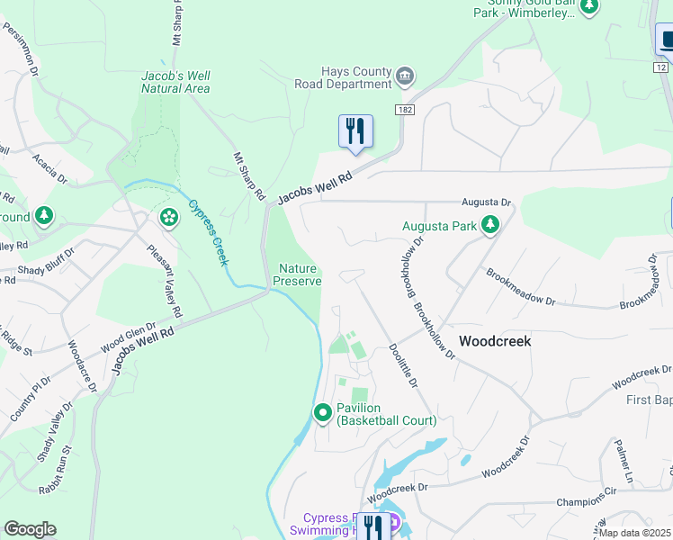 map of restaurants, bars, coffee shops, grocery stores, and more near 18 Wildwood Circle in Wimberley