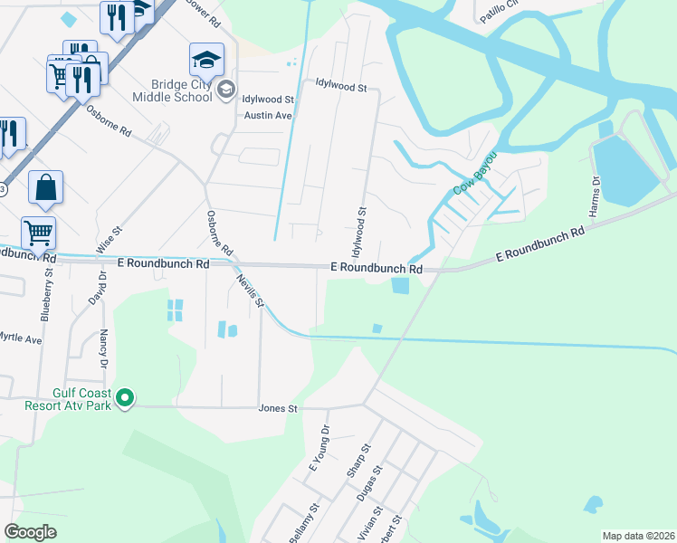 map of restaurants, bars, coffee shops, grocery stores, and more near 695 East Roundbunch Road in Bridge City