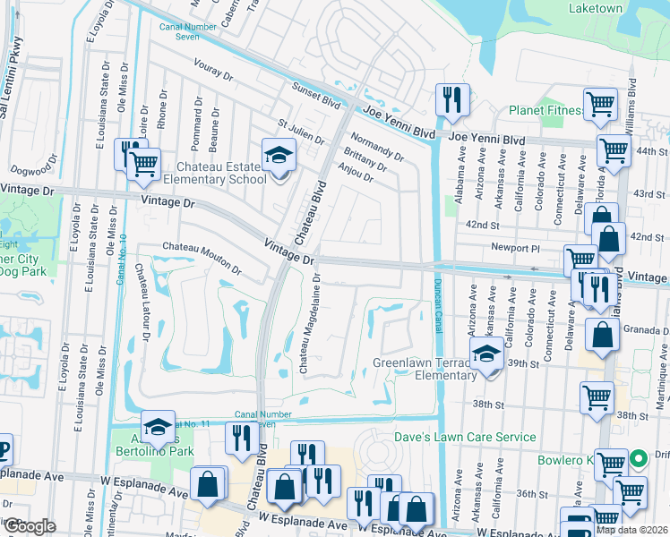 map of restaurants, bars, coffee shops, grocery stores, and more near 1109 Vintage Drive in Kenner