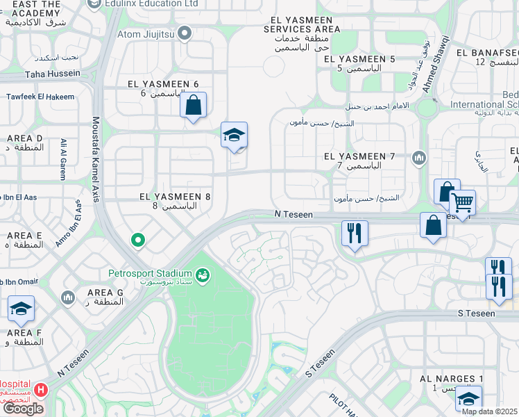 map of restaurants, bars, coffee shops, grocery stores, and more near فيلا ١٦٧ North Teseen in New Cairo 1