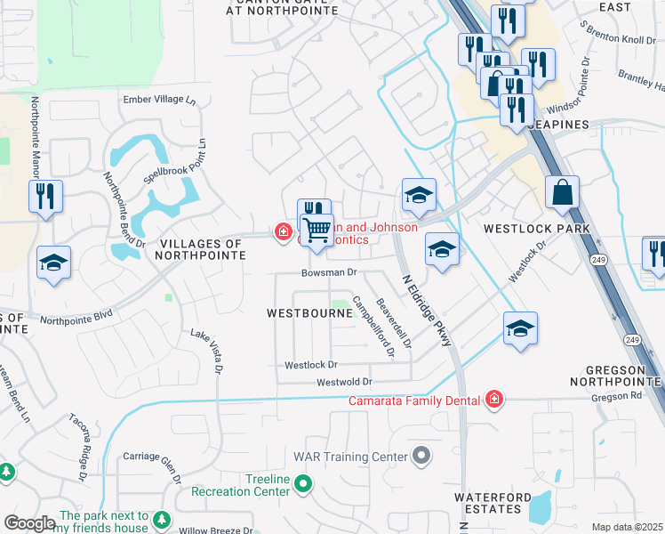 map of restaurants, bars, coffee shops, grocery stores, and more near 12158 Bowsman Drive in Tomball