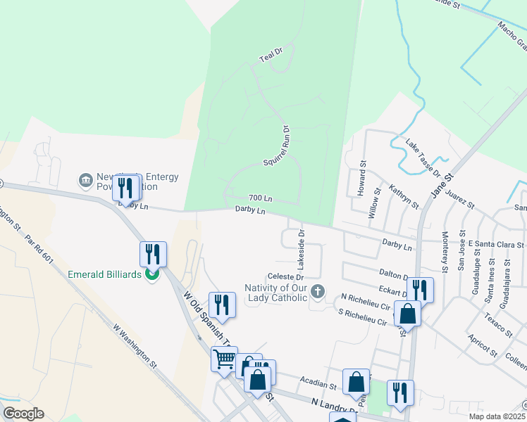 map of restaurants, bars, coffee shops, grocery stores, and more near Darby Lane in New Iberia